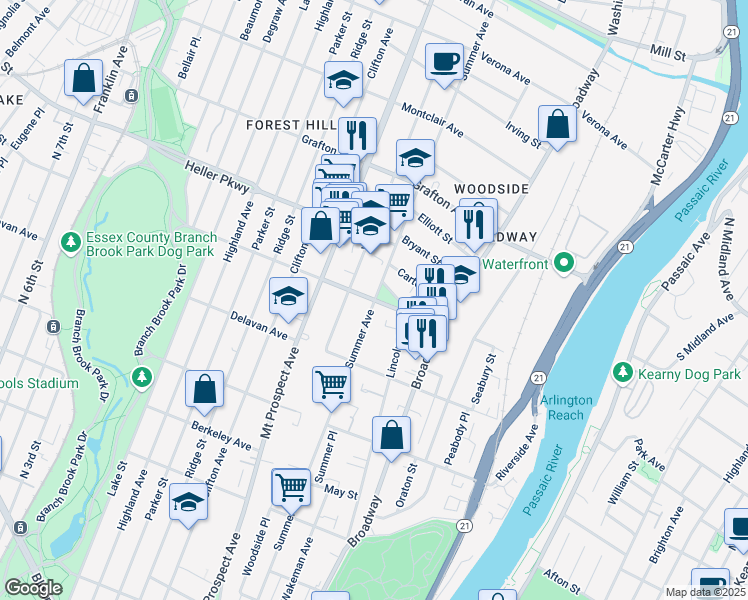 map of restaurants, bars, coffee shops, grocery stores, and more near Summer Ave & Elwood Ave in Newark