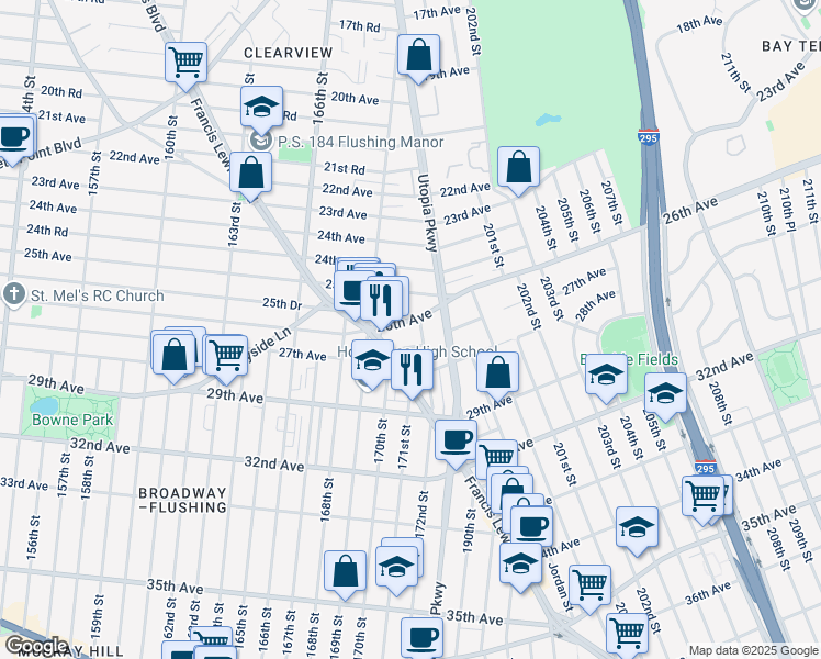 map of restaurants, bars, coffee shops, grocery stores, and more near 169-32 26th Avenue in Queens
