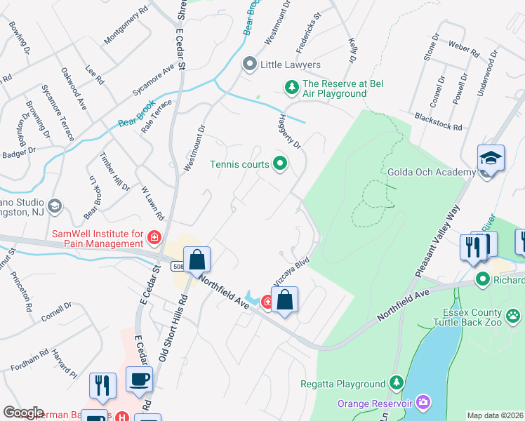map of restaurants, bars, coffee shops, grocery stores, and more near 51 Glenview Drive in West Orange