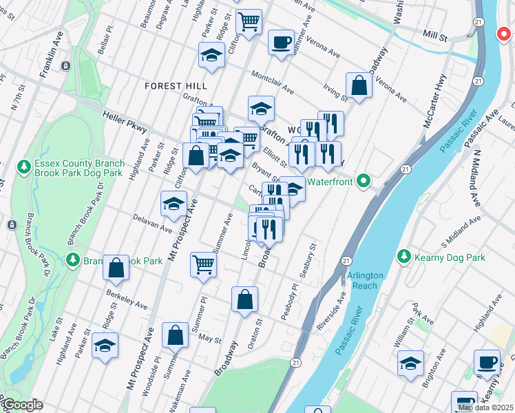 map of restaurants, bars, coffee shops, grocery stores, and more near 217 Lincoln Avenue in Newark