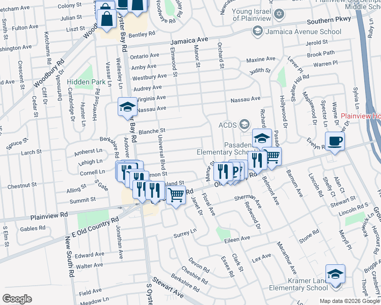 map of restaurants, bars, coffee shops, grocery stores, and more near 49 Relda Street in Plainview