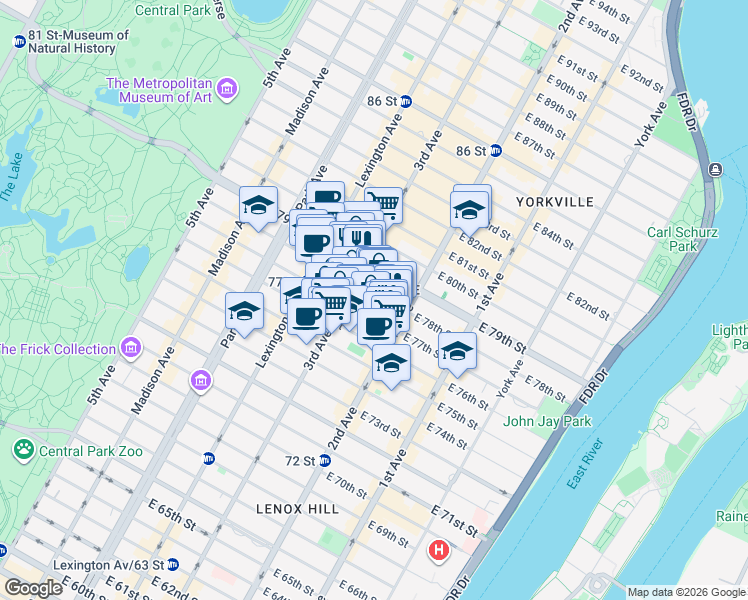 map of restaurants, bars, coffee shops, grocery stores, and more near 205 East 77th Street in New York