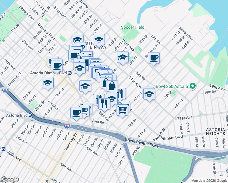 map of restaurants, bars, coffee shops, grocery stores, and more near 21-80 Steinway Street in Queens