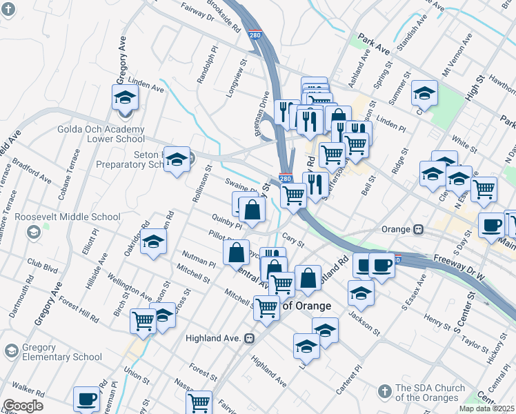 map of restaurants, bars, coffee shops, grocery stores, and more near 35 Northfield Avenue in West Orange