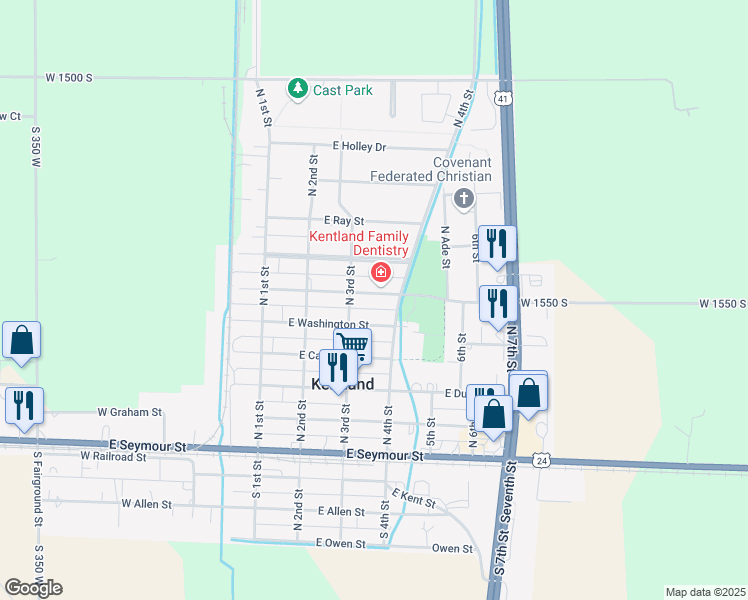 map of restaurants, bars, coffee shops, grocery stores, and more near 307 East Lincoln Street in Kentland