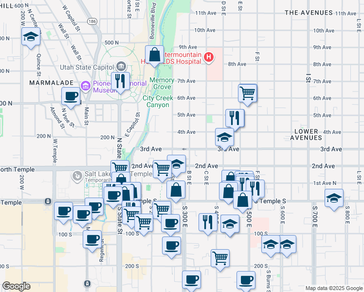 map of restaurants, bars, coffee shops, grocery stores, and more near in Salt Lake City