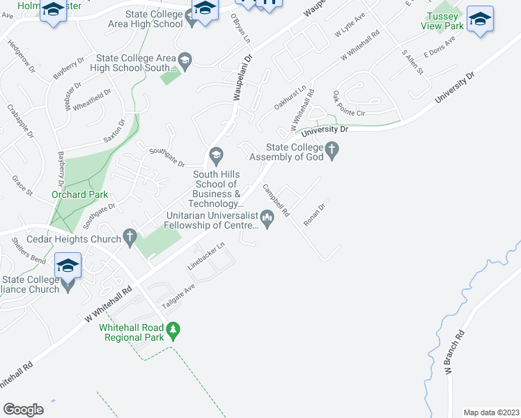 map of restaurants, bars, coffee shops, grocery stores, and more near 610 West Whitehall Road in State College