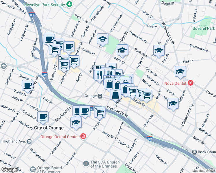map of restaurants, bars, coffee shops, grocery stores, and more near Main Street in City of Orange