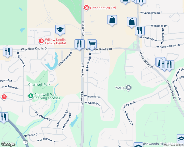map of restaurants, bars, coffee shops, grocery stores, and more near 2424 West Cabana Court in Peoria