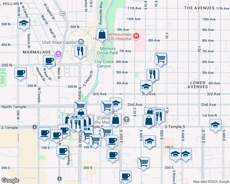 map of restaurants, bars, coffee shops, grocery stores, and more near 201 East 3rd Avenue in Salt Lake City
