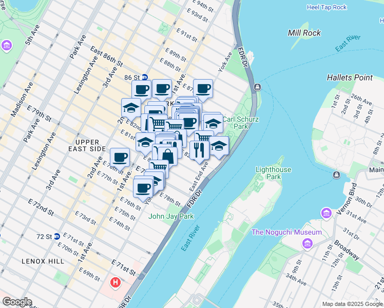 map of restaurants, bars, coffee shops, grocery stores, and more near 519 East 82nd Street in New York