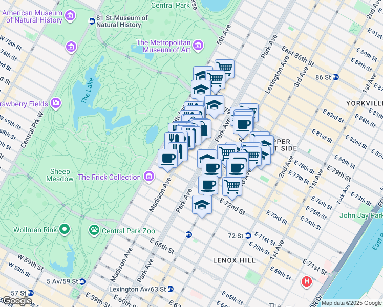 map of restaurants, bars, coffee shops, grocery stores, and more near 35 East 74th Street in New York