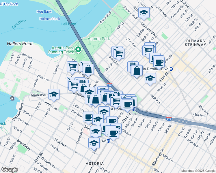map of restaurants, bars, coffee shops, grocery stores, and more near Crescent Street & Hoyt Avenue South in Queens