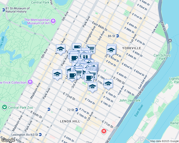 map of restaurants, bars, coffee shops, grocery stores, and more near 234 East 78th Street in New York