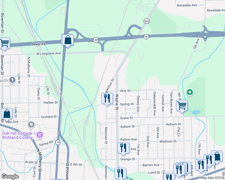 map of restaurants, bars, coffee shops, grocery stores, and more near 213 Vine Street in Mansfield