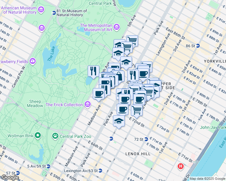 map of restaurants, bars, coffee shops, grocery stores, and more near 37 East 74th Street in New York
