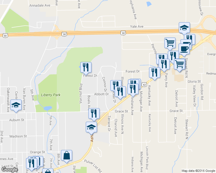 map of restaurants, bars, coffee shops, grocery stores, and more near 546 Connor Drive in Mansfield