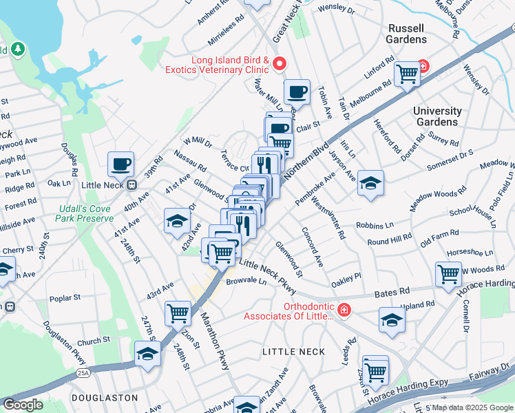 map of restaurants, bars, coffee shops, grocery stores, and more near 2 Nassau Road in Great Neck