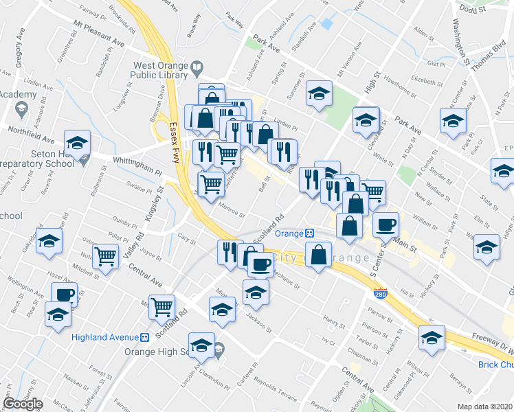 map of restaurants, bars, coffee shops, grocery stores, and more near 62 Bell Street in City of Orange