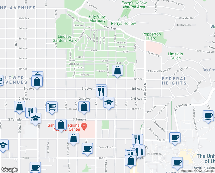 map of restaurants, bars, coffee shops, grocery stores, and more near 1053 3rd Avenue in Salt Lake City