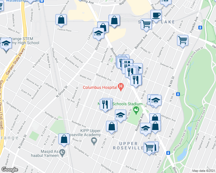 map of restaurants, bars, coffee shops, grocery stores, and more near 198 North 16th Street in Bloomfield