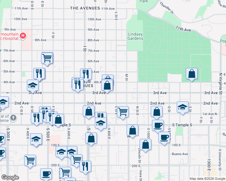 map of restaurants, bars, coffee shops, grocery stores, and more near 729 East 3rd Avenue in Salt Lake City
