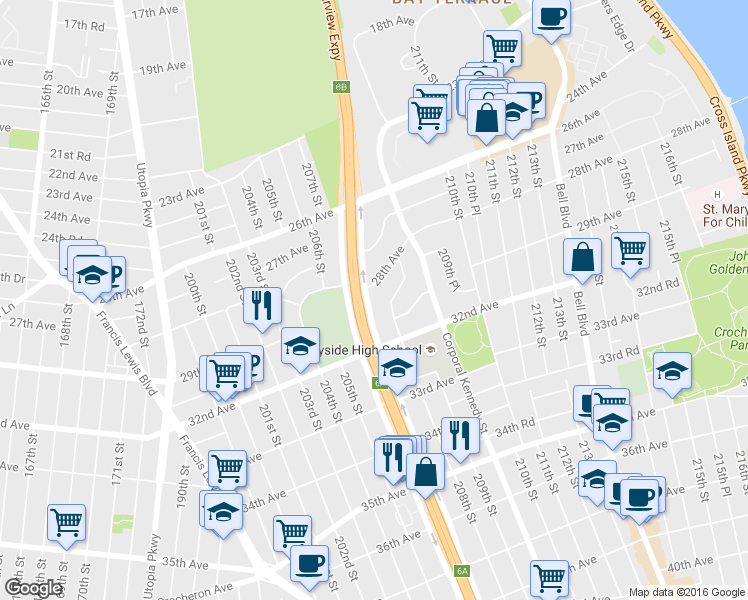 map of restaurants, bars, coffee shops, grocery stores, and more near 28-11 Clearview Expressway in Queens