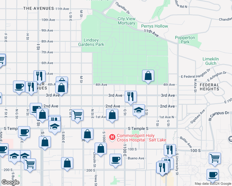 map of restaurants, bars, coffee shops, grocery stores, and more near 953 3rd Avenue in Salt Lake City