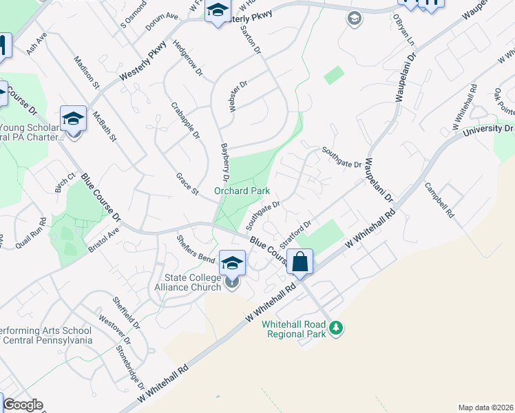 map of restaurants, bars, coffee shops, grocery stores, and more near 965 Southgate Drive in State College