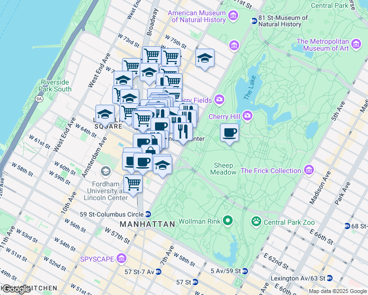 map of restaurants, bars, coffee shops, grocery stores, and more near 69 Central Park West in New York
