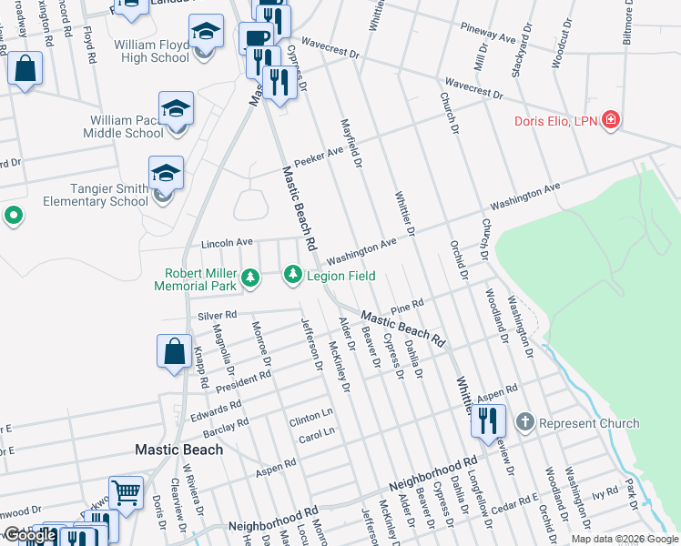 map of restaurants, bars, coffee shops, grocery stores, and more near 281 Beaver Drive in Mastic Beach