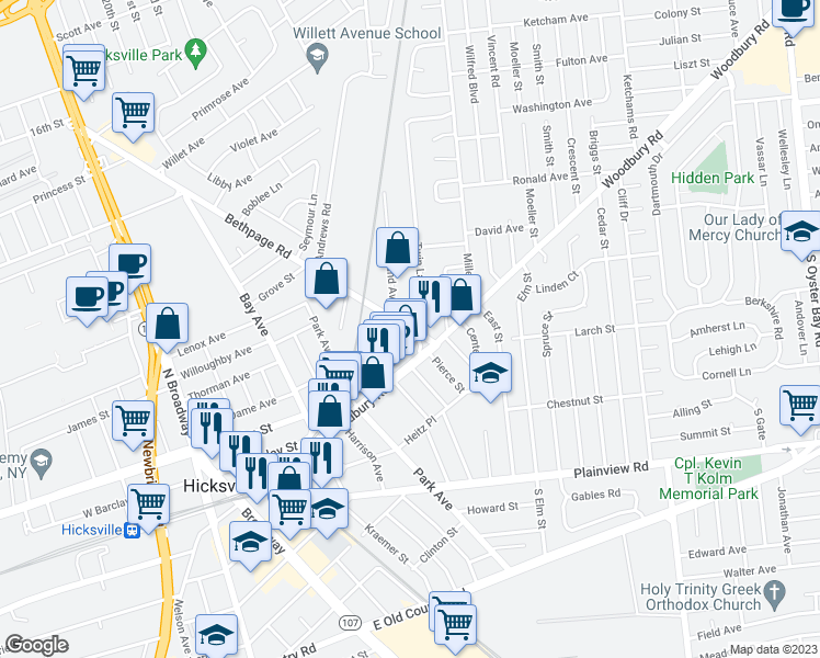map of restaurants, bars, coffee shops, grocery stores, and more near 16 Bethpage Road in Hicksville
