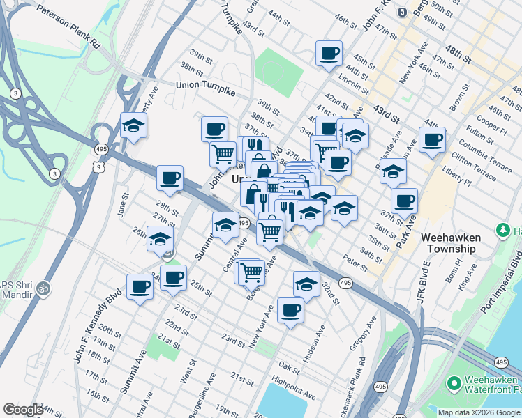 map of restaurants, bars, coffee shops, grocery stores, and more near 3121 Central Avenue in Union City