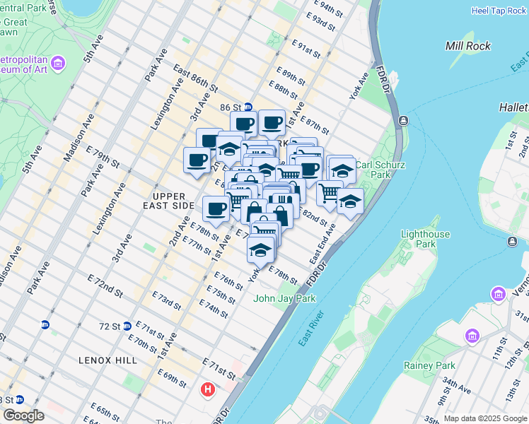 map of restaurants, bars, coffee shops, grocery stores, and more near 424 East 81st Street in New York