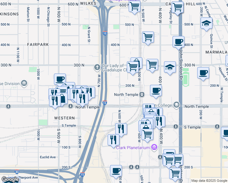 map of restaurants, bars, coffee shops, grocery stores, and more near 619 West 200 North in Salt Lake City