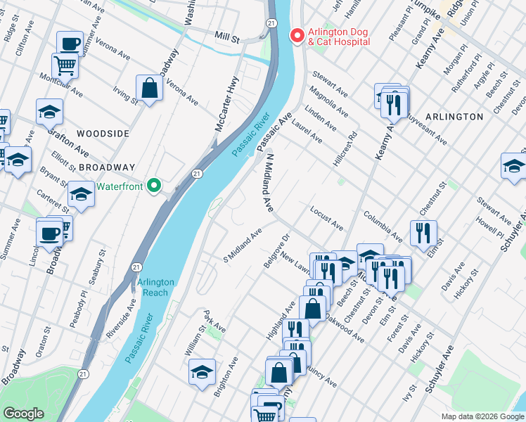 map of restaurants, bars, coffee shops, grocery stores, and more near 74 North Midland Avenue in Kearny