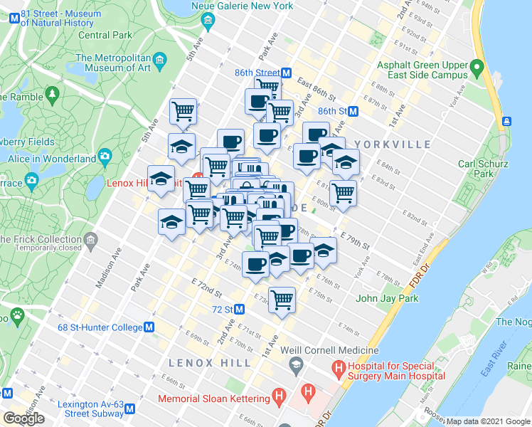 map of restaurants, bars, coffee shops, grocery stores, and more near 232 East 78th Street in New York