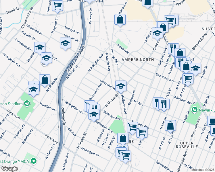 map of restaurants, bars, coffee shops, grocery stores, and more near 27 Lafayette Avenue in East Orange