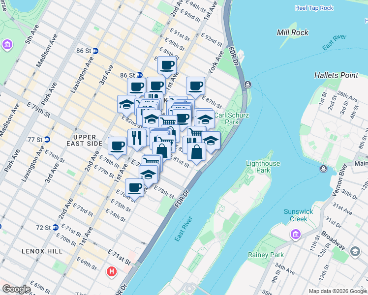 map of restaurants, bars, coffee shops, grocery stores, and more near 517 East 82nd Street in New York