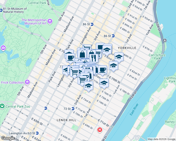 map of restaurants, bars, coffee shops, grocery stores, and more near in New York