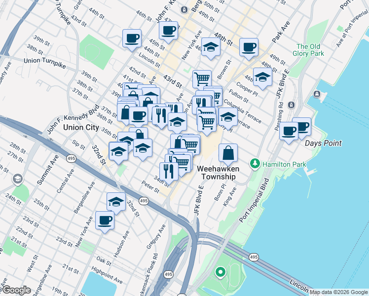 map of restaurants, bars, coffee shops, grocery stores, and more near 111 38th Street in Union City