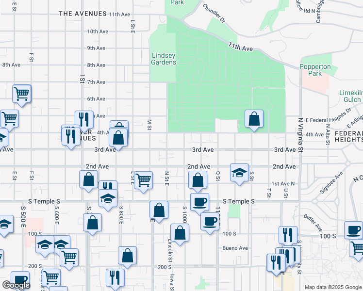 map of restaurants, bars, coffee shops, grocery stores, and more near 887 East 3rd Avenue in Salt Lake City