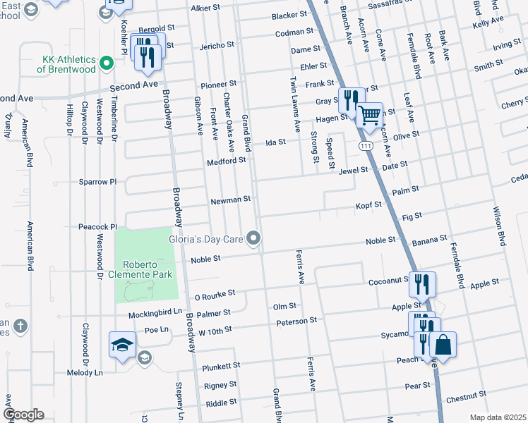 map of restaurants, bars, coffee shops, grocery stores, and more near 211 Grand Boulevard in Brentwood