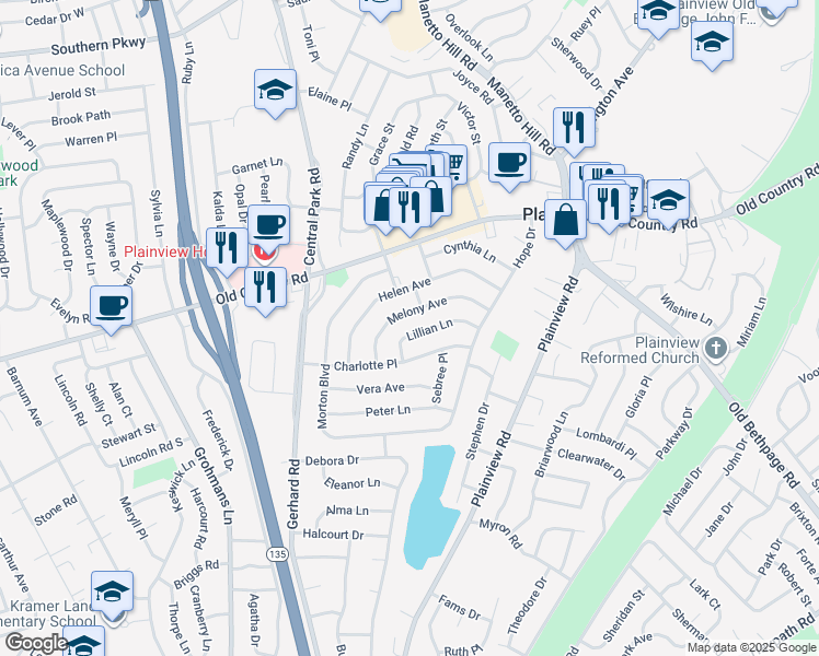 map of restaurants, bars, coffee shops, grocery stores, and more near 24 Lillian Lane in Plainview