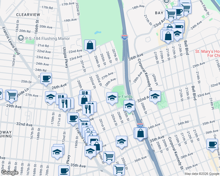 map of restaurants, bars, coffee shops, grocery stores, and more near 204-03 29th Avenue in Queens