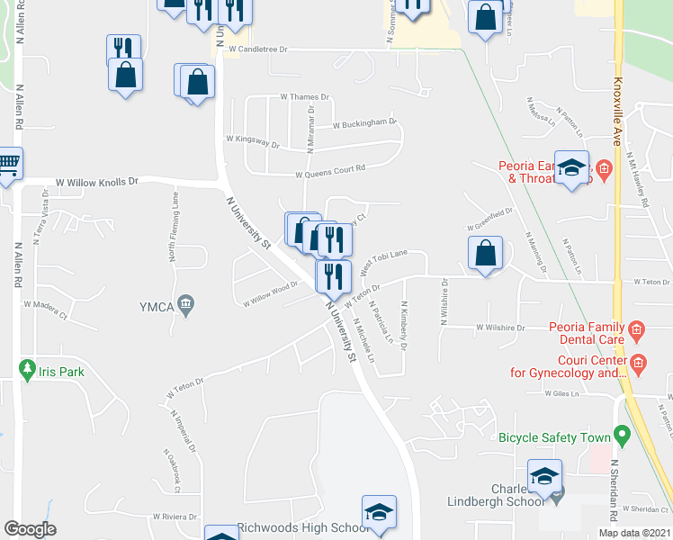map of restaurants, bars, coffee shops, grocery stores, and more near 6926 North University Street in Peoria