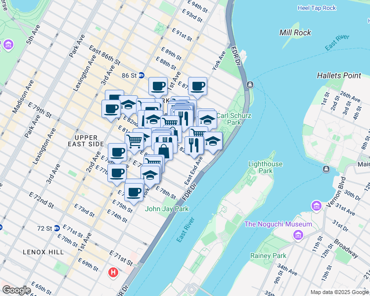 map of restaurants, bars, coffee shops, grocery stores, and more near 515 East 82nd Street in New York