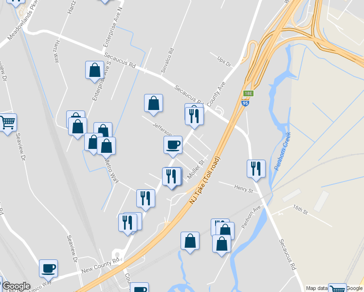 map of restaurants, bars, coffee shops, grocery stores, and more near 258 County Avenue in Secaucus