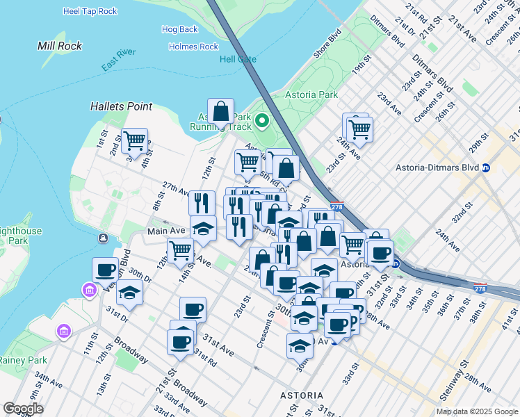 map of restaurants, bars, coffee shops, grocery stores, and more near 18-38 26th Road in Queens