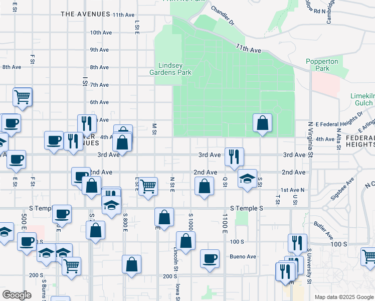 map of restaurants, bars, coffee shops, grocery stores, and more near 903 East 3rd Avenue in Salt Lake City